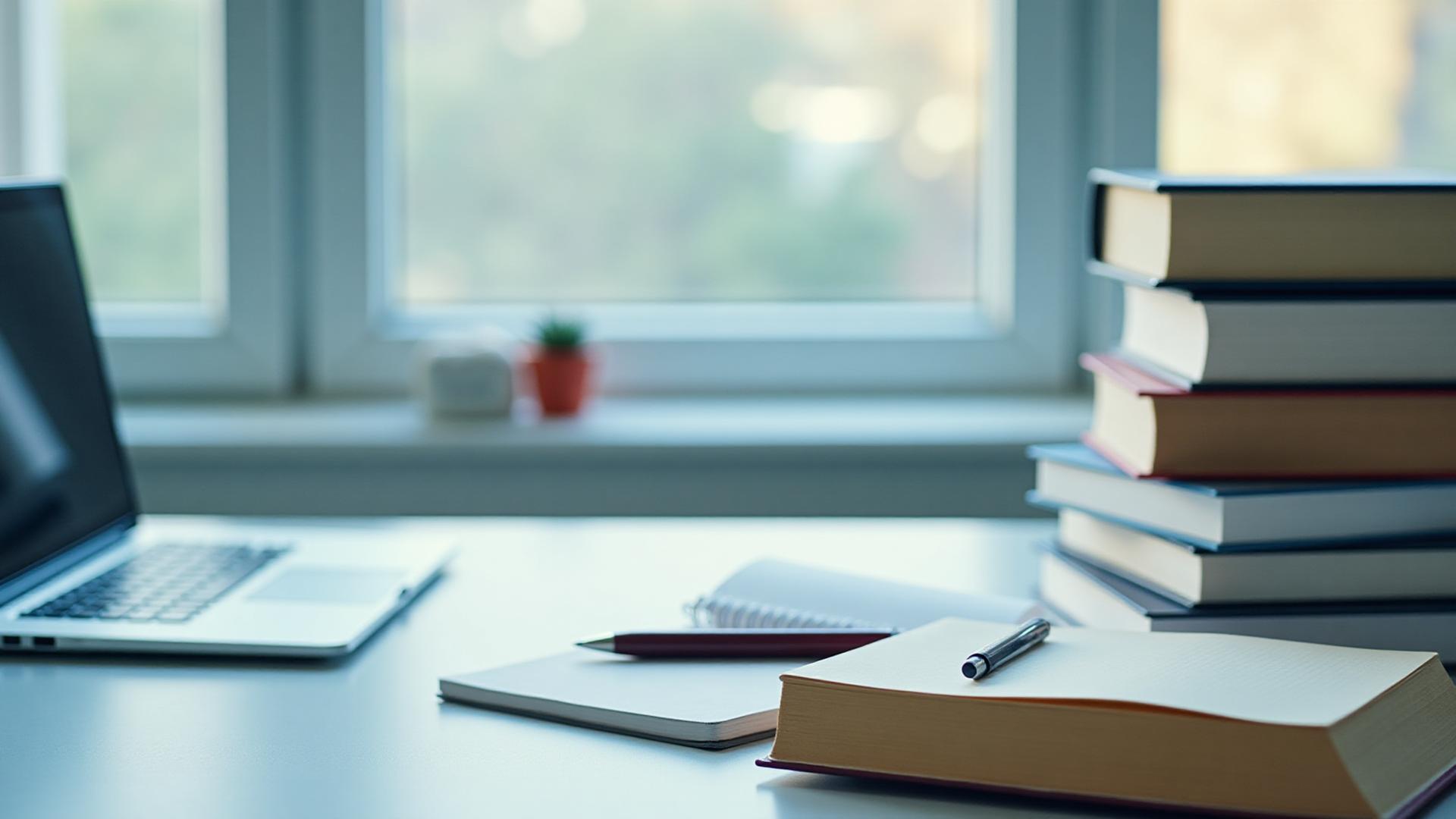 Student studying with books and laptop